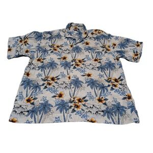 Arizona Jean Shirt Mens Sz XL Button Down Hawaiian Tropical White Blue Flora